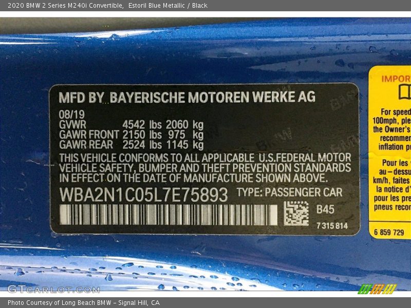 2020 2 Series M240i Convertible Estoril Blue Metallic Color Code B45