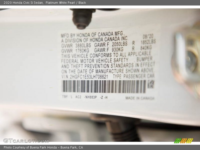 Platinum White Pearl / Black 2020 Honda Civic Si Sedan