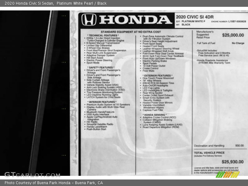 Platinum White Pearl / Black 2020 Honda Civic Si Sedan