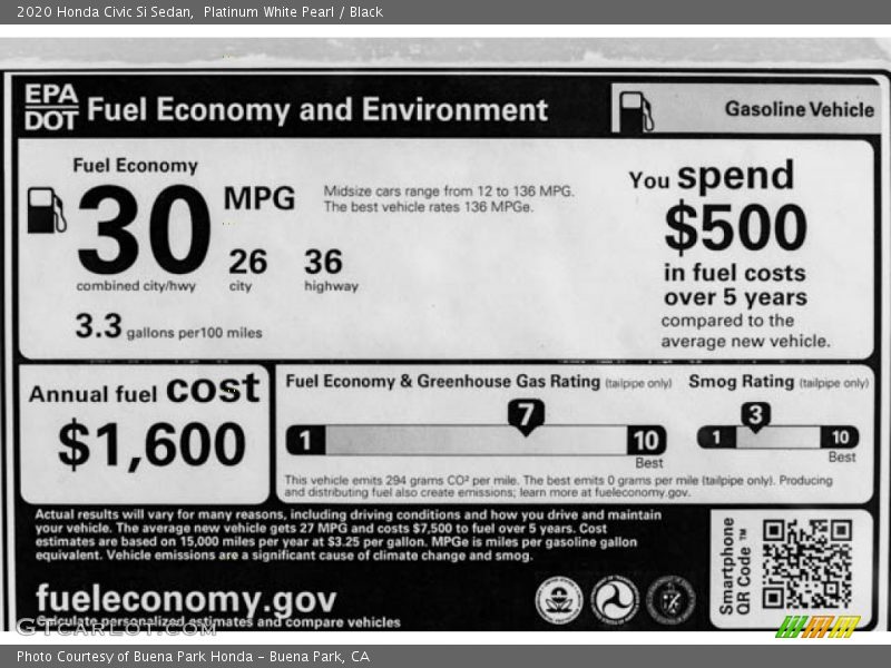 Platinum White Pearl / Black 2020 Honda Civic Si Sedan