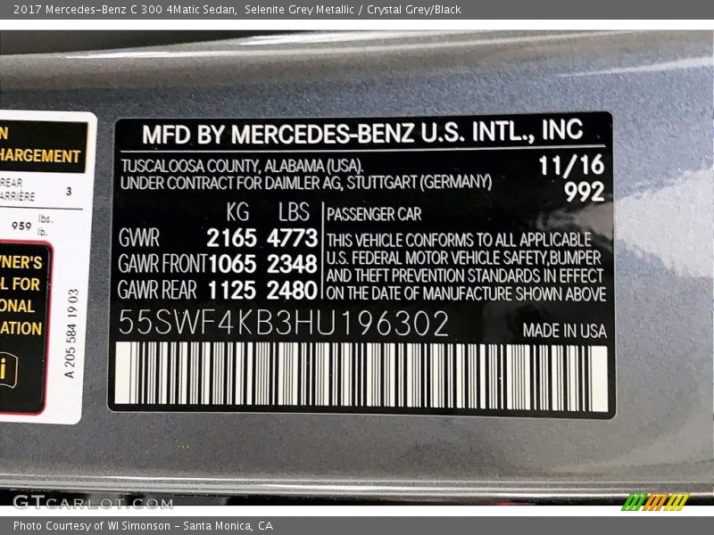 2017 C 300 4Matic Sedan Selenite Grey Metallic Color Code 992