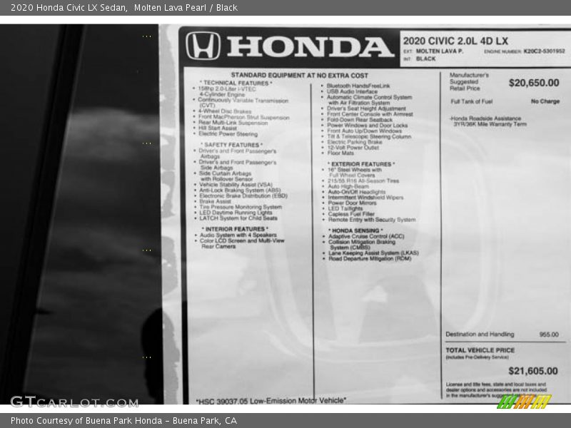 Molten Lava Pearl / Black 2020 Honda Civic LX Sedan