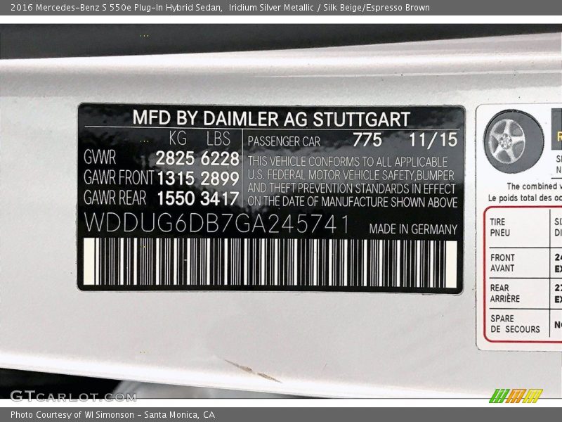 2016 S 550e Plug-In Hybrid Sedan Iridium Silver Metallic Color Code 775