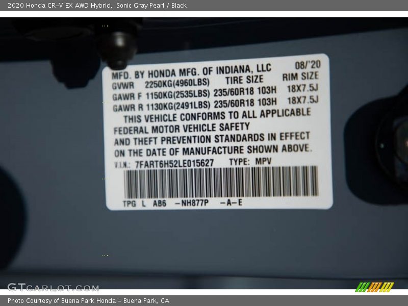 2020 CR-V EX AWD Hybrid Sonic Gray Pearl Color Code NH877P