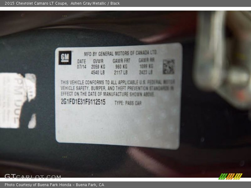 Ashen Gray Metallic / Black 2015 Chevrolet Camaro LT Coupe