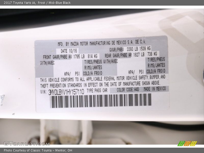 Frost / Mid-Blue Black 2017 Toyota Yaris iA