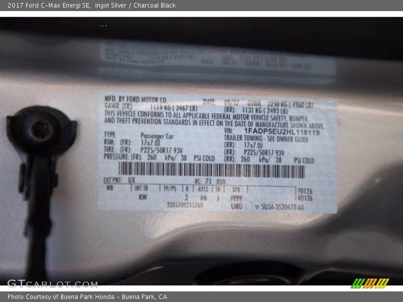 2017 C-Max Energi SE Ingot Silver Color Code UX