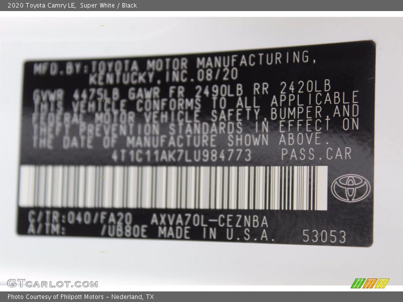 Super White / Black 2020 Toyota Camry LE