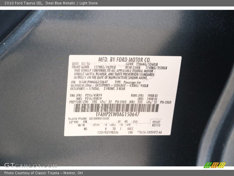 Steel Blue Metallic / Light Stone 2010 Ford Taurus SEL