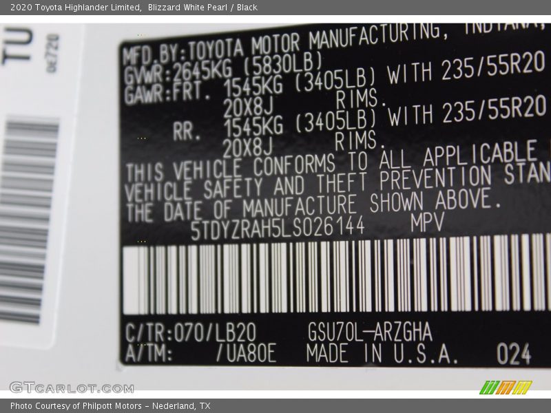 Blizzard White Pearl / Black 2020 Toyota Highlander Limited