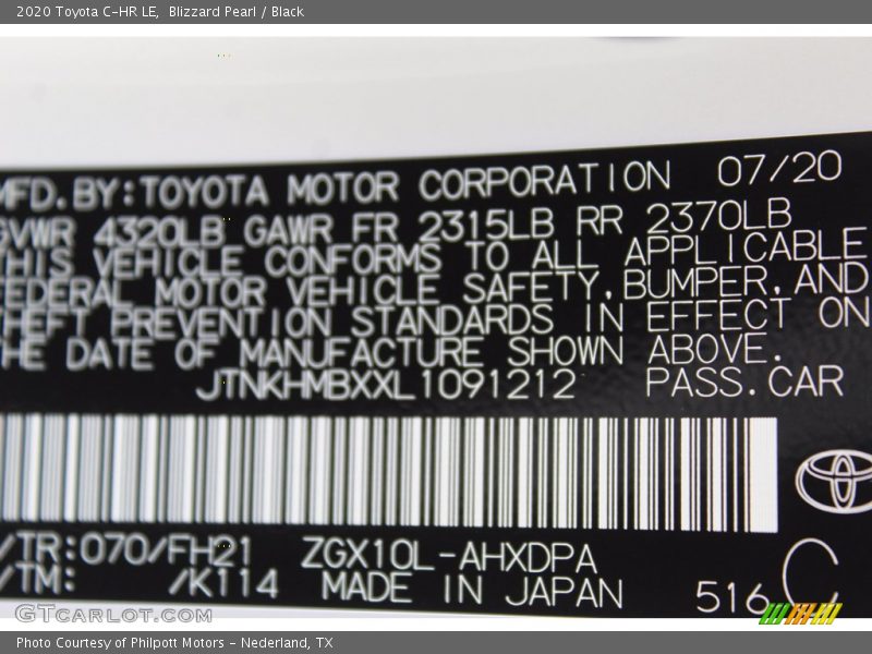 2020 C-HR LE Blizzard Pearl Color Code 070