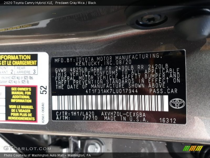 Predawn Gray Mica / Black 2020 Toyota Camry Hybrid XLE