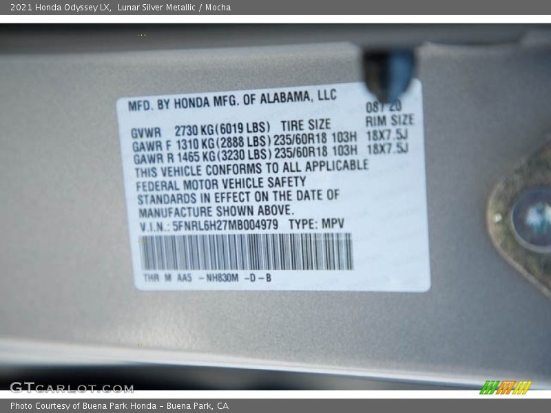 Lunar Silver Metallic / Mocha 2021 Honda Odyssey LX