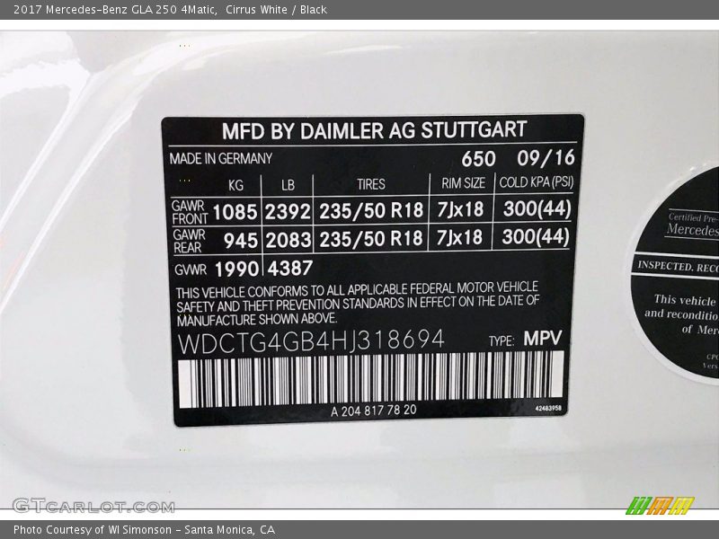 2017 GLA 250 4Matic Cirrus White Color Code 650