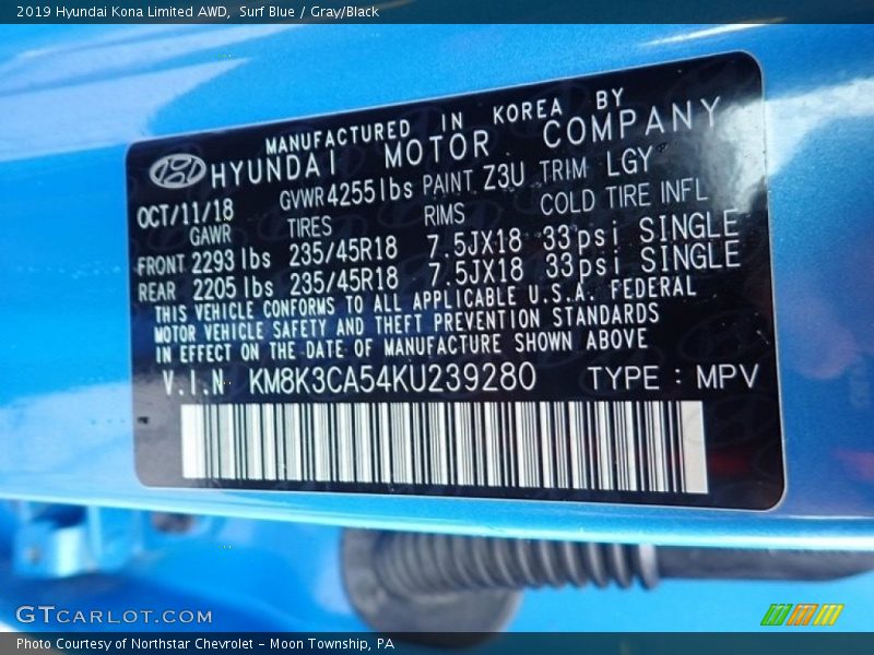 2019 Kona Limited AWD Surf Blue Color Code Z3U