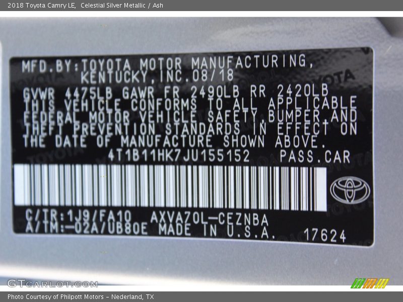 Celestial Silver Metallic / Ash 2018 Toyota Camry LE