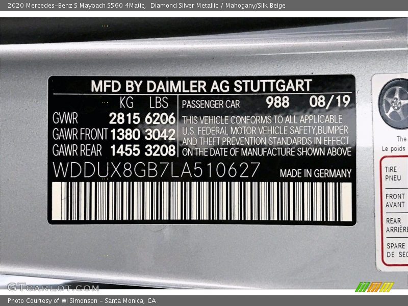 2020 S Maybach S560 4Matic Diamond Silver Metallic Color Code 988