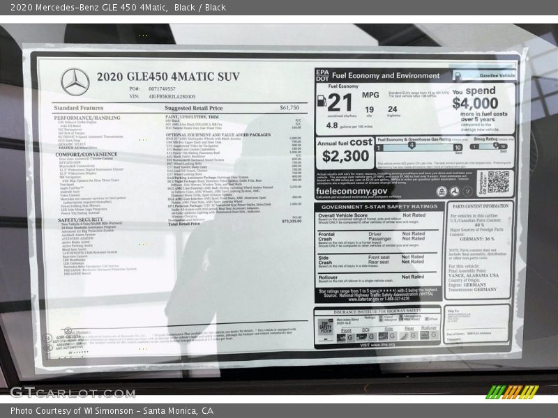  2020 GLE 450 4Matic Window Sticker