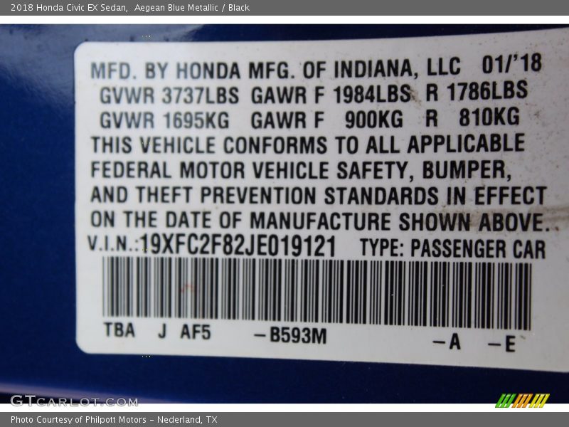 2018 Civic EX Sedan Aegean Blue Metallic Color Code B593M