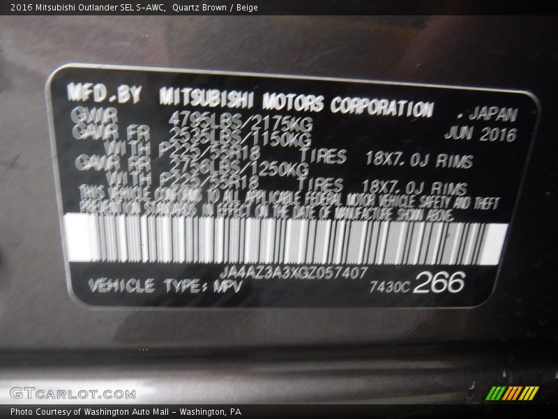 Quartz Brown / Beige 2016 Mitsubishi Outlander SEL S-AWC