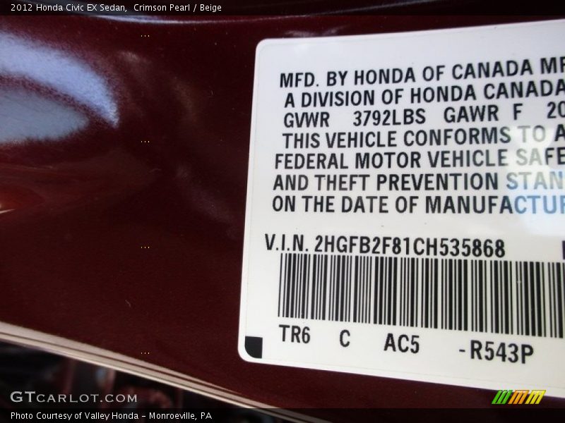 Crimson Pearl / Beige 2012 Honda Civic EX Sedan