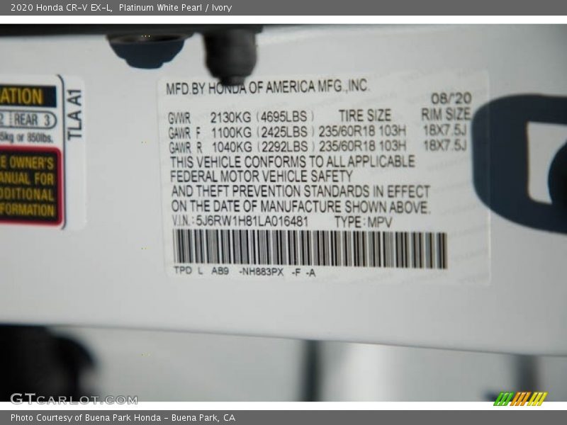 Platinum White Pearl / Ivory 2020 Honda CR-V EX-L