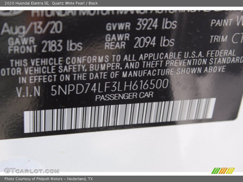 Quartz White Pearl / Black 2020 Hyundai Elantra SE