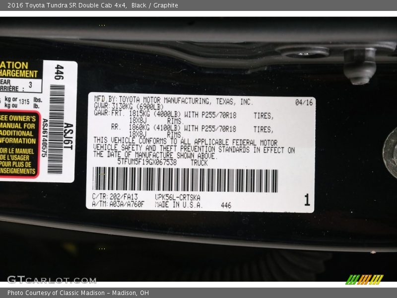 2016 Tundra SR Double Cab 4x4 Black Color Code 202