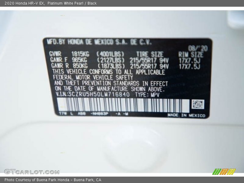 Platinum White Pearl / Black 2020 Honda HR-V EX