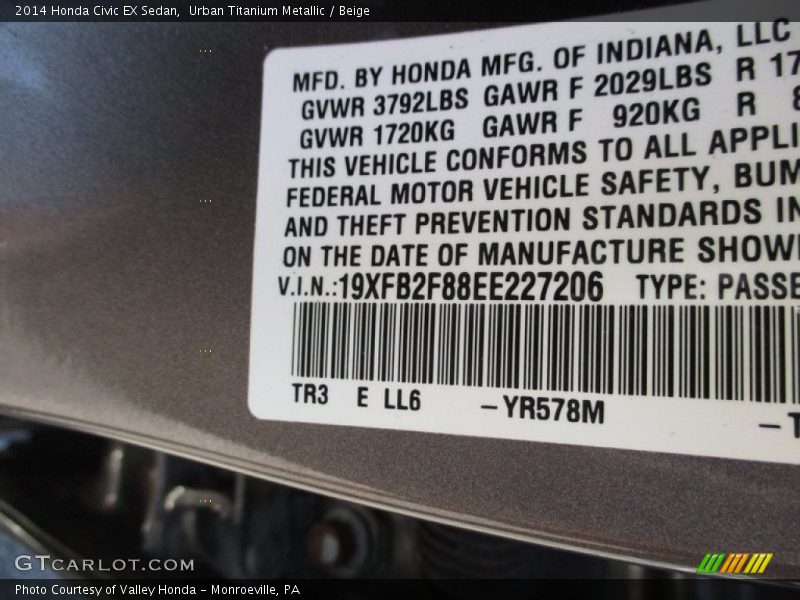Urban Titanium Metallic / Beige 2014 Honda Civic EX Sedan