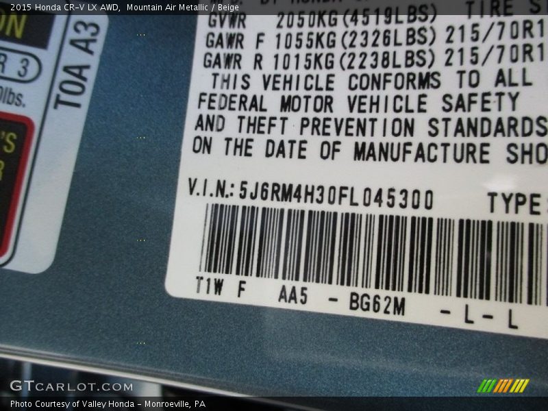 Mountain Air Metallic / Beige 2015 Honda CR-V LX AWD