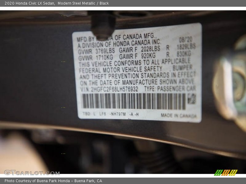 Modern Steel Metallic / Black 2020 Honda Civic LX Sedan