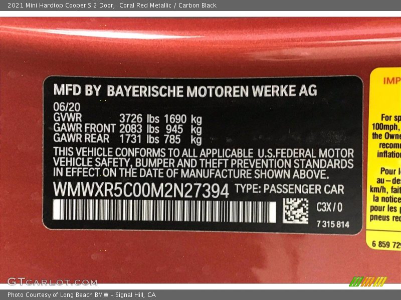 2021 Hardtop Cooper S 2 Door Coral Red Metallic Color Code C3X
