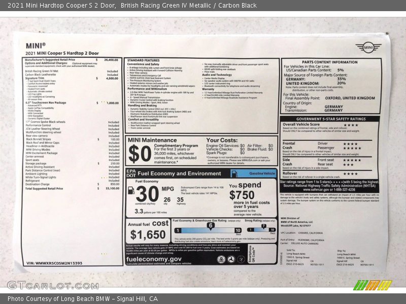  2021 Hardtop Cooper S 2 Door Window Sticker