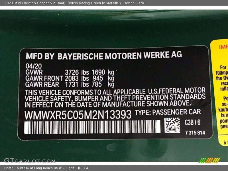 2021 Hardtop Cooper S 2 Door British Racing Green IV Metallic Color Code C3B