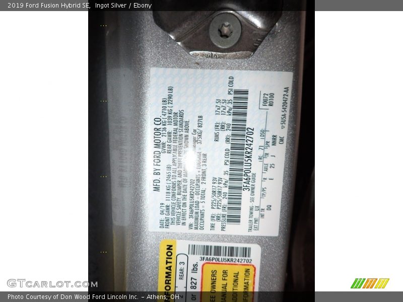 Ingot Silver / Ebony 2019 Ford Fusion Hybrid SE