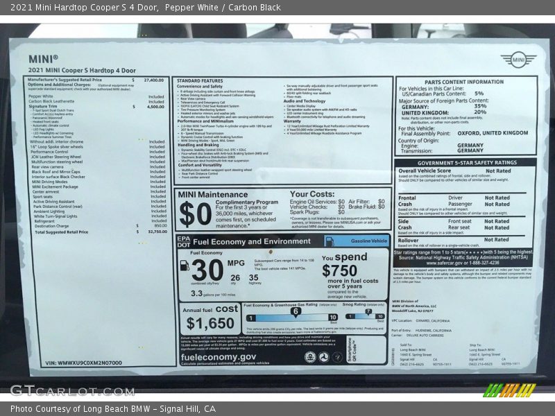  2021 Hardtop Cooper S 4 Door Window Sticker