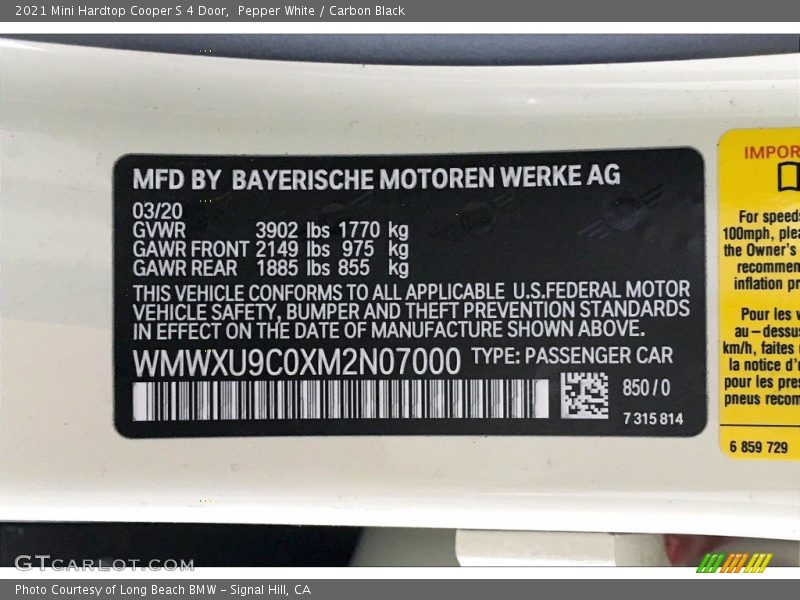 2021 Hardtop Cooper S 4 Door Pepper White Color Code 850
