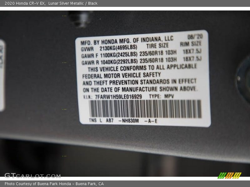 Lunar Silver Metallic / Black 2020 Honda CR-V EX
