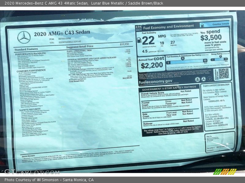  2020 C AMG 43 4Matic Sedan Window Sticker