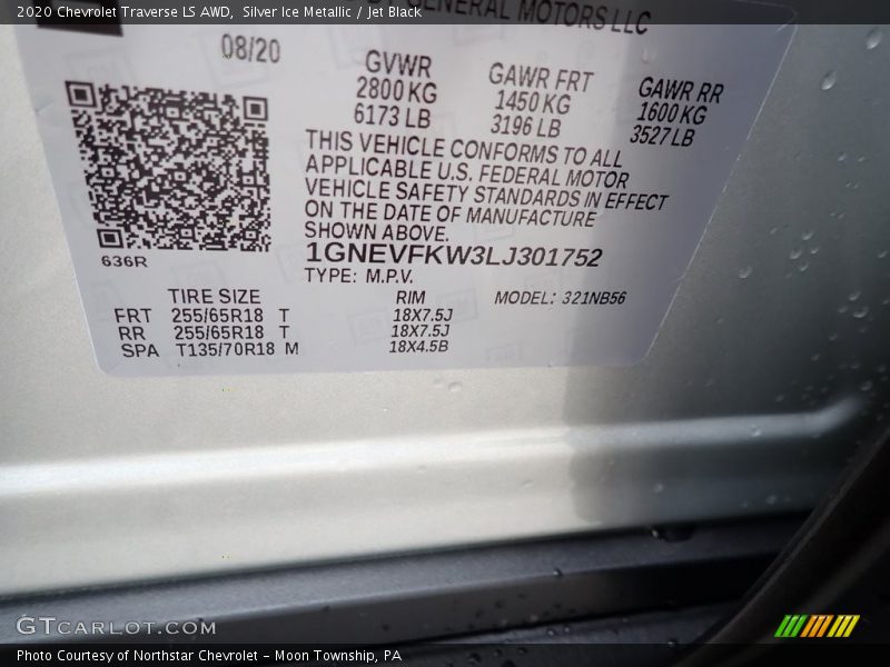 Silver Ice Metallic / Jet Black 2020 Chevrolet Traverse LS AWD