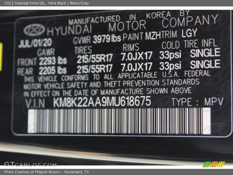 Ultra Black / Black/Gray 2021 Hyundai Kona SEL