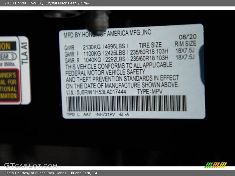 Crystal Black Pearl / Gray 2020 Honda CR-V EX