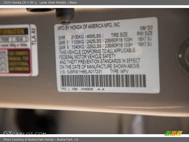 Lunar Silver Metallic / Black 2020 Honda CR-V EX-L