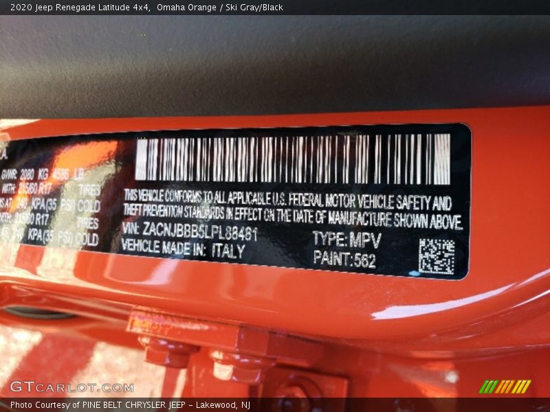 2020 Renegade Latitude 4x4 Omaha Orange Color Code 562