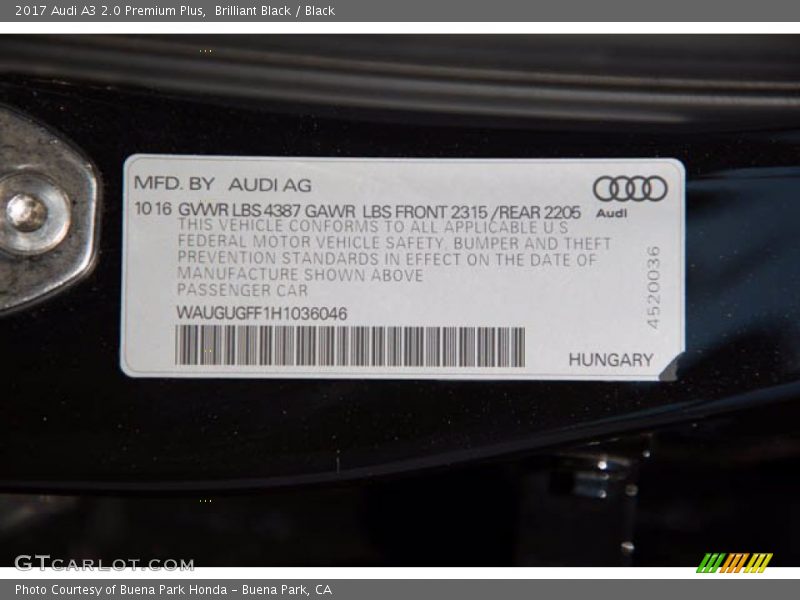 Brilliant Black / Black 2017 Audi A3 2.0 Premium Plus