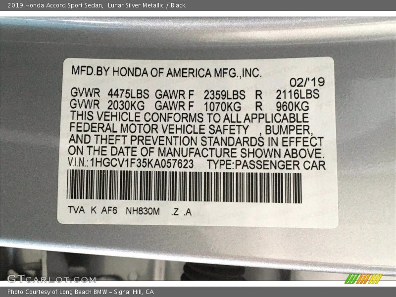 2019 Accord Sport Sedan Lunar Silver Metallic Color Code NH830M