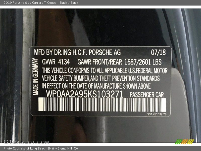 Black / Black 2019 Porsche 911 Carrera T Coupe