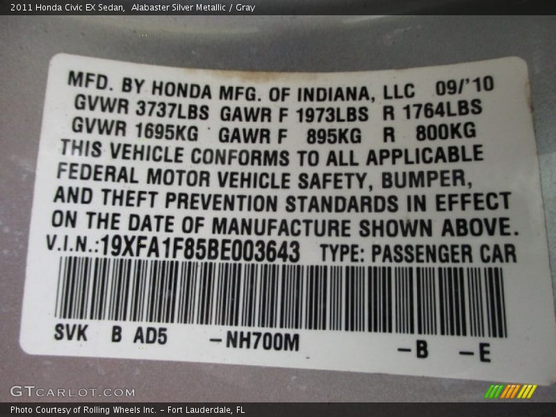 Alabaster Silver Metallic / Gray 2011 Honda Civic EX Sedan