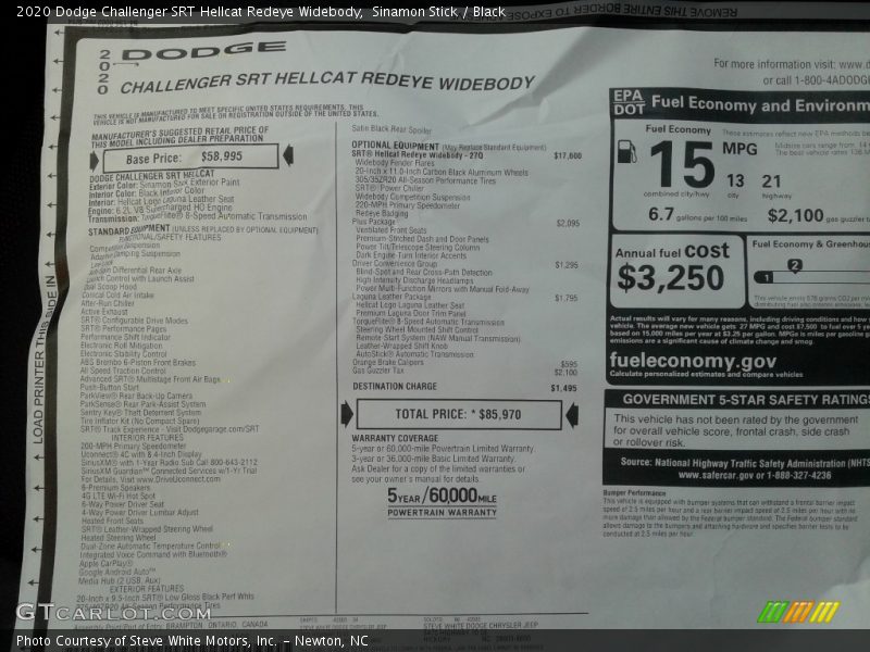 Sinamon Stick / Black 2020 Dodge Challenger SRT Hellcat Redeye Widebody